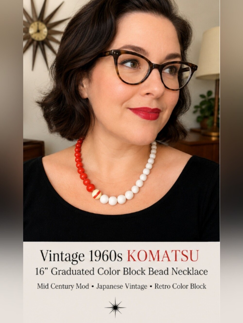 Vintage 1960s Komatsu 16" Red White Graduated Color Block Bead Necklace Japan